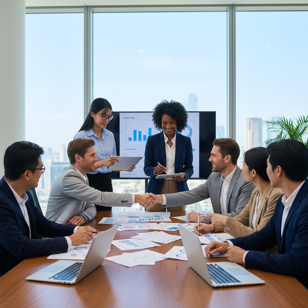 diverse group of government contractors and small business owners collaborating over financial documents in a modern office, professional business photography, bright natural light
